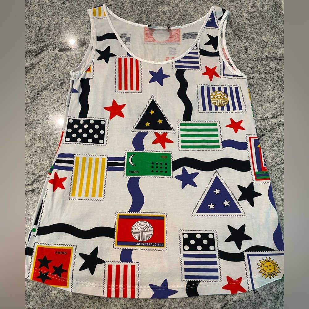 Louis Feraud, Colorful Tank Top, Ribbon Detail, Flag/Travel Print. Size M/L.